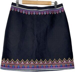 C Wonder Embroidered A-Line Skirt (Size 10) Black Tribal Art Deco
